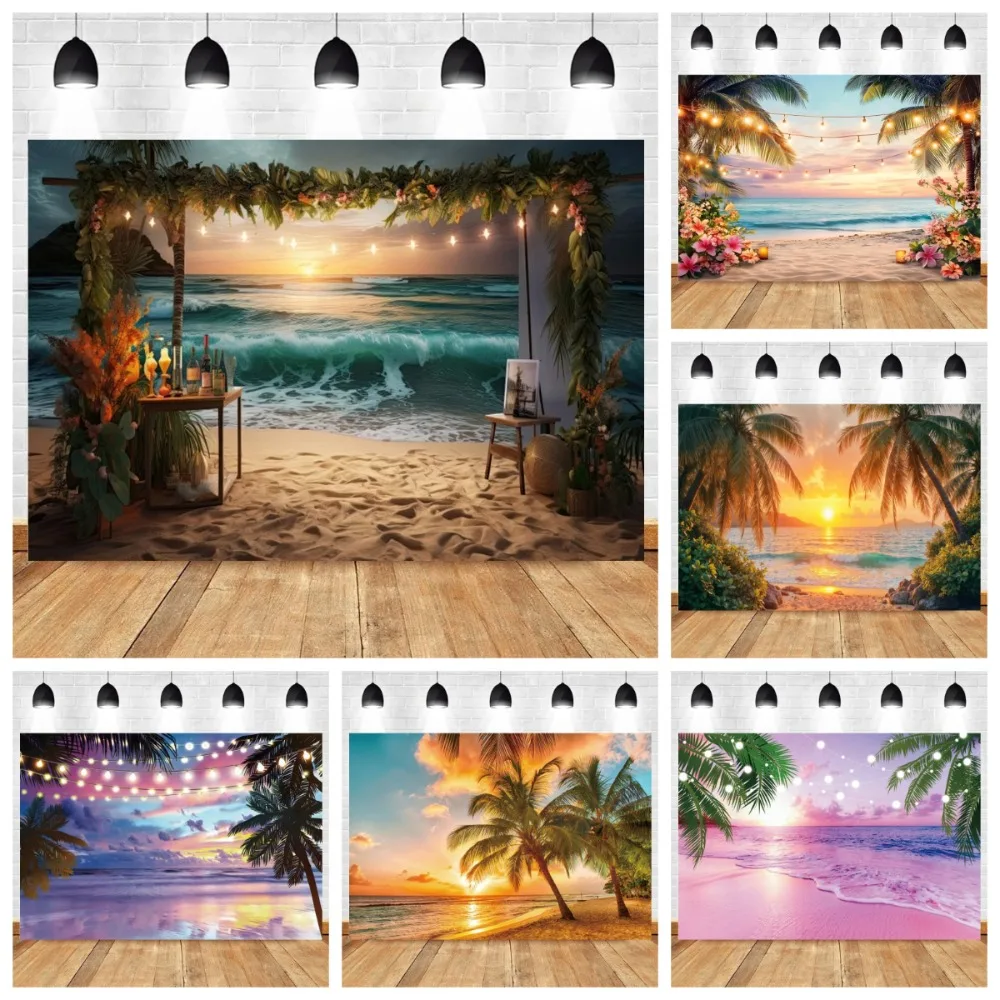 Summer Seaside Sunset Theme Banner Shooting Background, Tropical Palm Tree Beach Bar Holiday Party Photography Studio Background