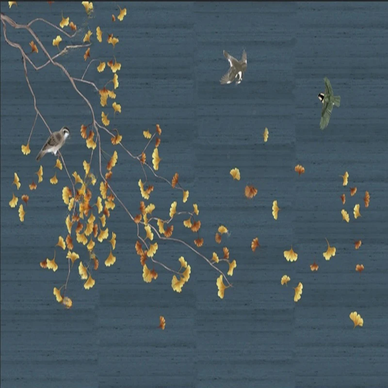 

Customized Wall Murals Wallpaper Hand-Painted Leaves Florals Birds Chinese Classical Background Wall Art for Home Decor 3D
