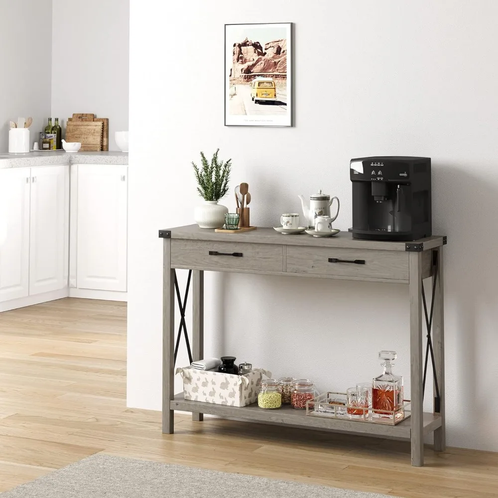 Sofa table, farmhouse console table with drawers, living room wooden sofa table, entrance hall, grey