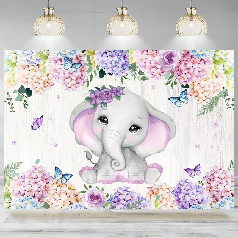 Elephant Backdrop White Wood Watercolor Flowers Butterfly Photo Photography Background Banner Newborn Baby Shower Birthday Par