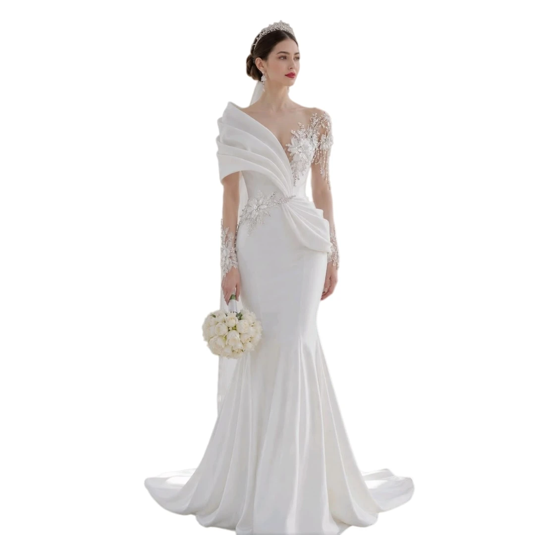 White Satin Mermaid Wedding Dress Deep V Pleated Long Lace Sleeve Crystal Appliques Fitted Elegant Church Bridal Gown Customized