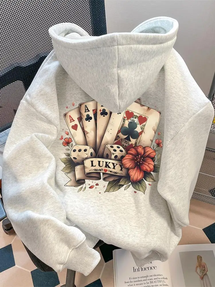 

Взрослый мужской покер Lucky Print Свободный модный уличный осенне-зимний флисовый уличный теплый свитшот с капюшоном Универсальный для повседневного использования Мягкий