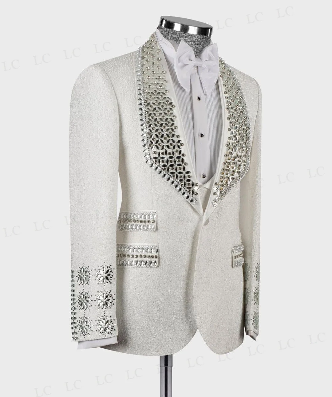 Floral Wedding Groom Diamonds Beading Crystals Men Suits 2 Pieces Blazer Vest One Button Formal Work Wear Plus Size Tailored