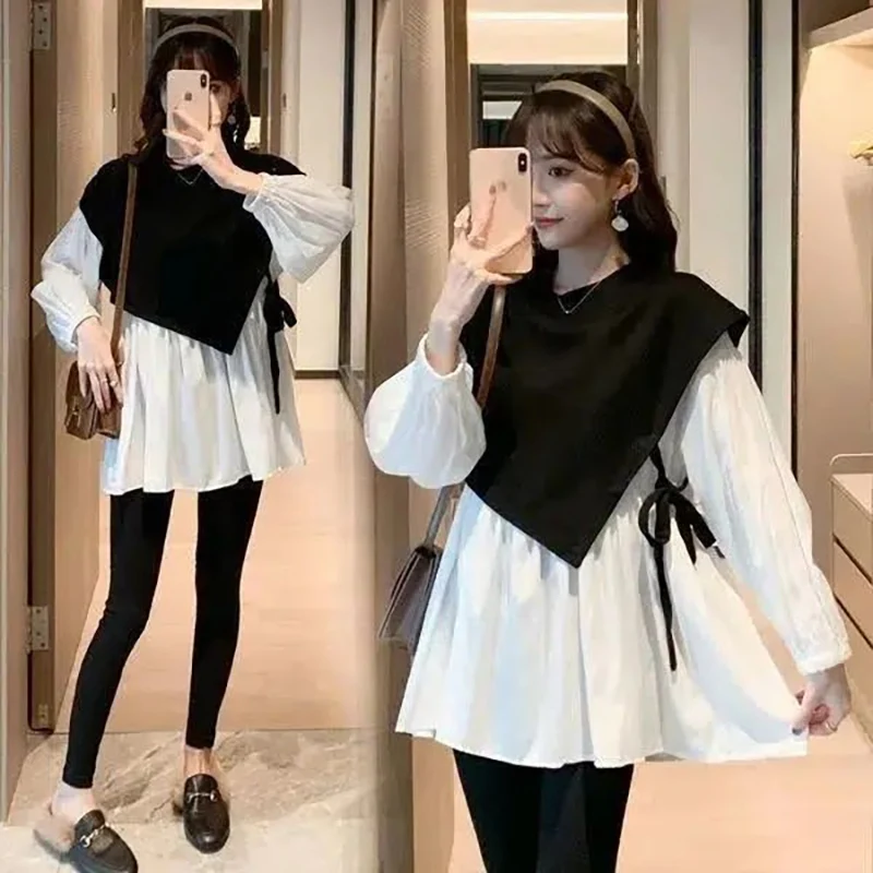 Fashion O-Neck Spliced Bandage Fake Two Pieces Blouses Women\'s Clothing 2023 Autumn Winter Loose Casual Tops Asymmetrical Shirts