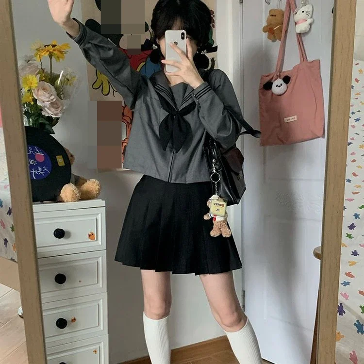 Original Japanese College Style Jk Uniform Sailor Suit Student Cute Sweet Girls Kawaii Gray Long Sleeve Top Skirt Two-piece Set