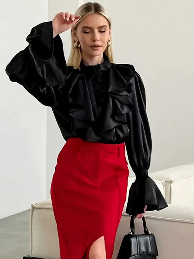 

Women Chic Ruffle Layered Top Elegant White Satin Blouse Flare Sleeve High Neck Loose Office Wear 2025 Casual Formal Lady Shirts