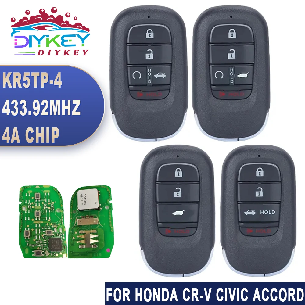 

DIYKEY 433.92MHz 4A Chip For Honda Accord Civic Pilot HR-V CR-V 2022 2023 FCC ID: KR5TP-4 5 Button Smart Remote Control Key Fob