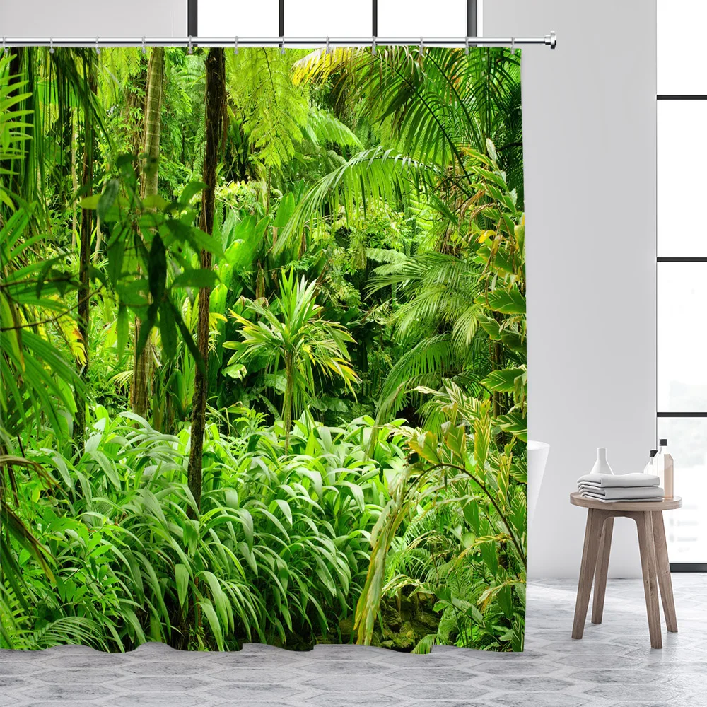 Tropical Jungle Shower Curtain Natural Rainforest Green Plant Trees Forest Landscape Wall Hanging Fabric Bathroom Decor Curtains
