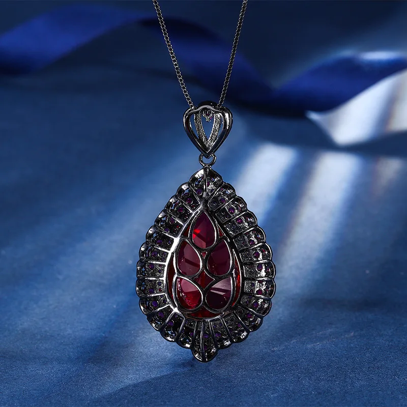 Jewelry Gold-Plated Red Corundum Large Water Drop Black Gold Pendant Necklace Main Stone 18*25