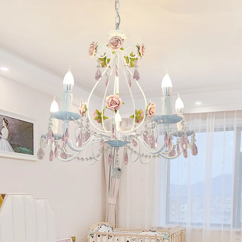 

Simple pastoral style bedroom lighting European wrought iron flowers and plants living room lamp romantic princess room crystal