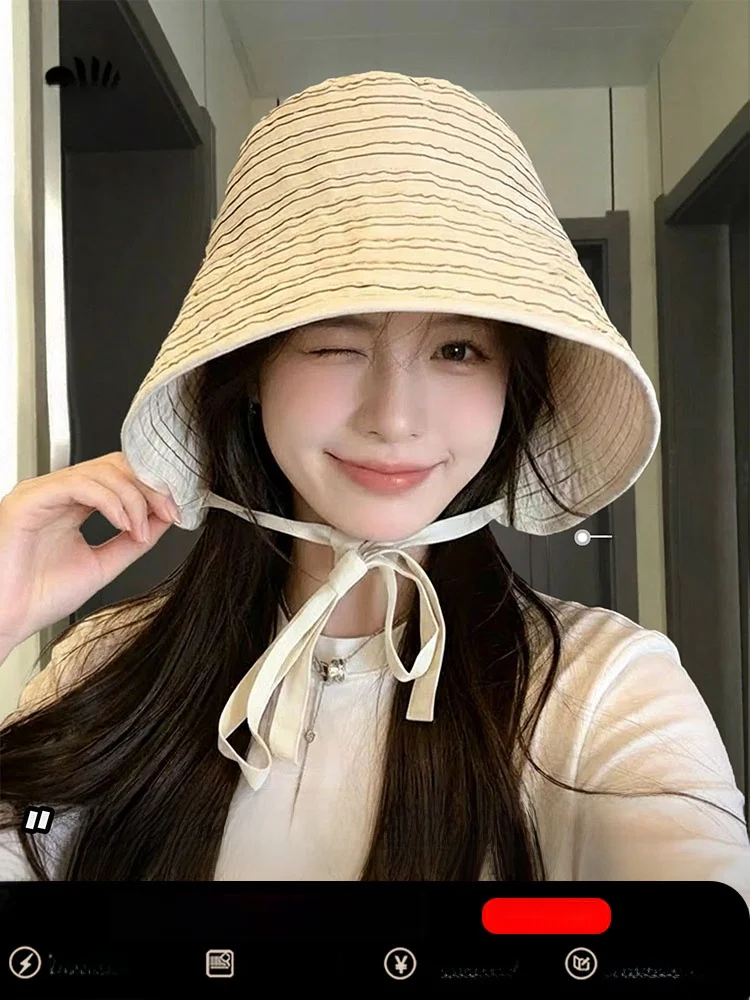 rx-uvcut-wide-brim-stripe-fishing-cap-women's-summer-new-sun-protection-hat-unisex-head-covering-hat-breathable-foldable