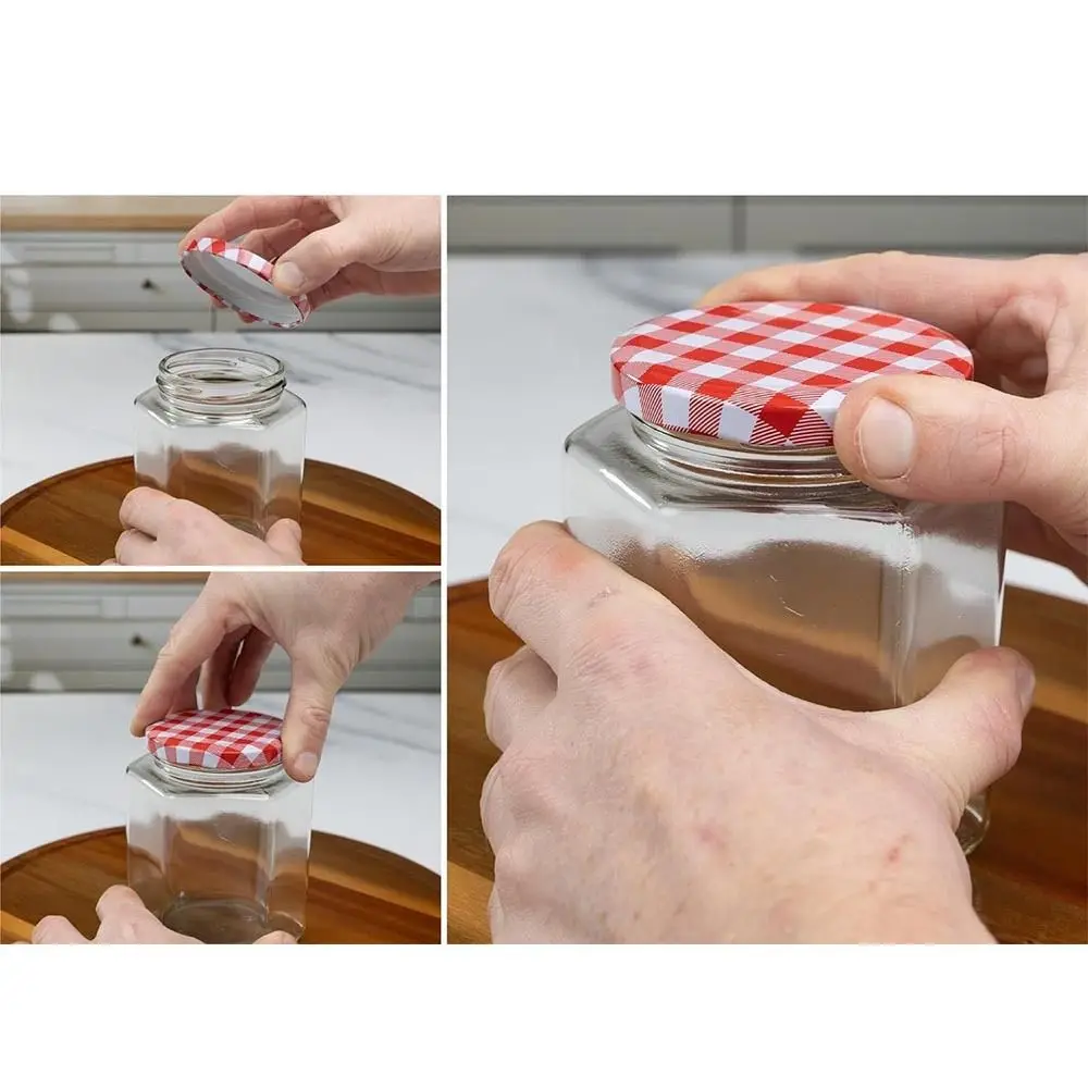 Transparent Hexagonal Glass Bottle Seal Storage Jar Small Glass Jars with Red Gingham Lids Airtight Pickle Jars Jam Jars H