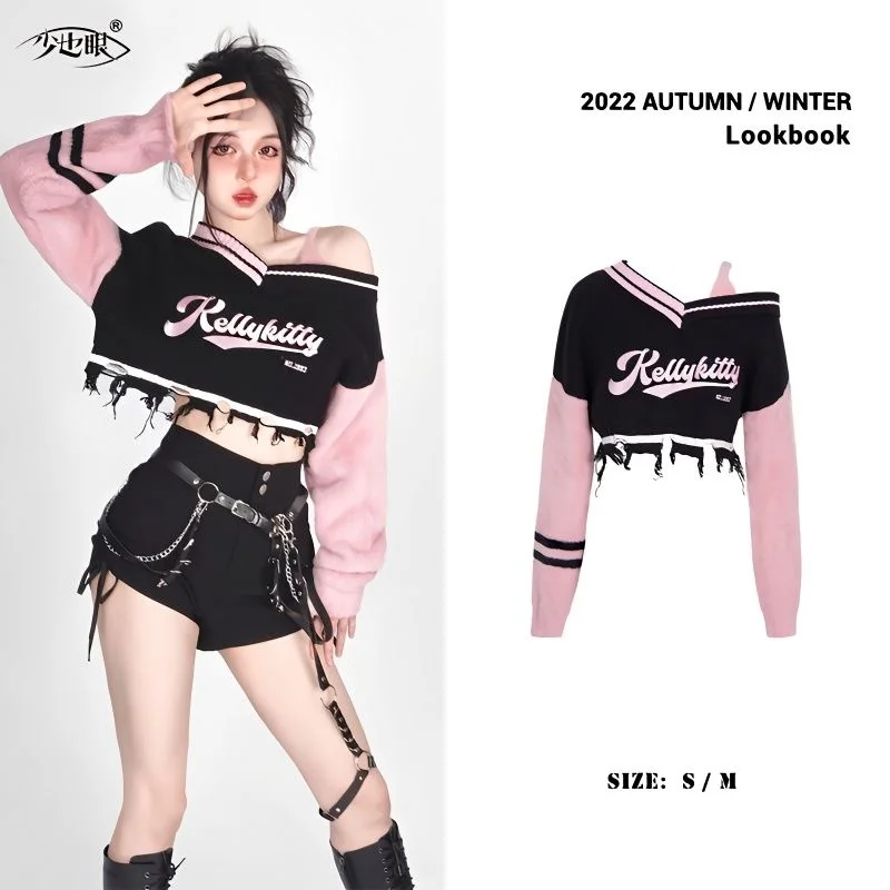 

Y2k Navel Short Wwomen's Sweater Pink Sweater Design Sense Niche Female Spicy Girl Sense Embroidery Long Sleeve Strapless Short