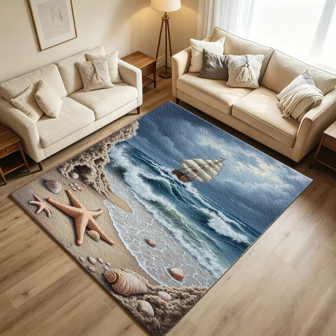 Ocean Beach Starfish Seascape Sailboat Carpet Flooring Nautical Scenery Printed Floor Rug for Living Room Bedroom Home Interior Decoration