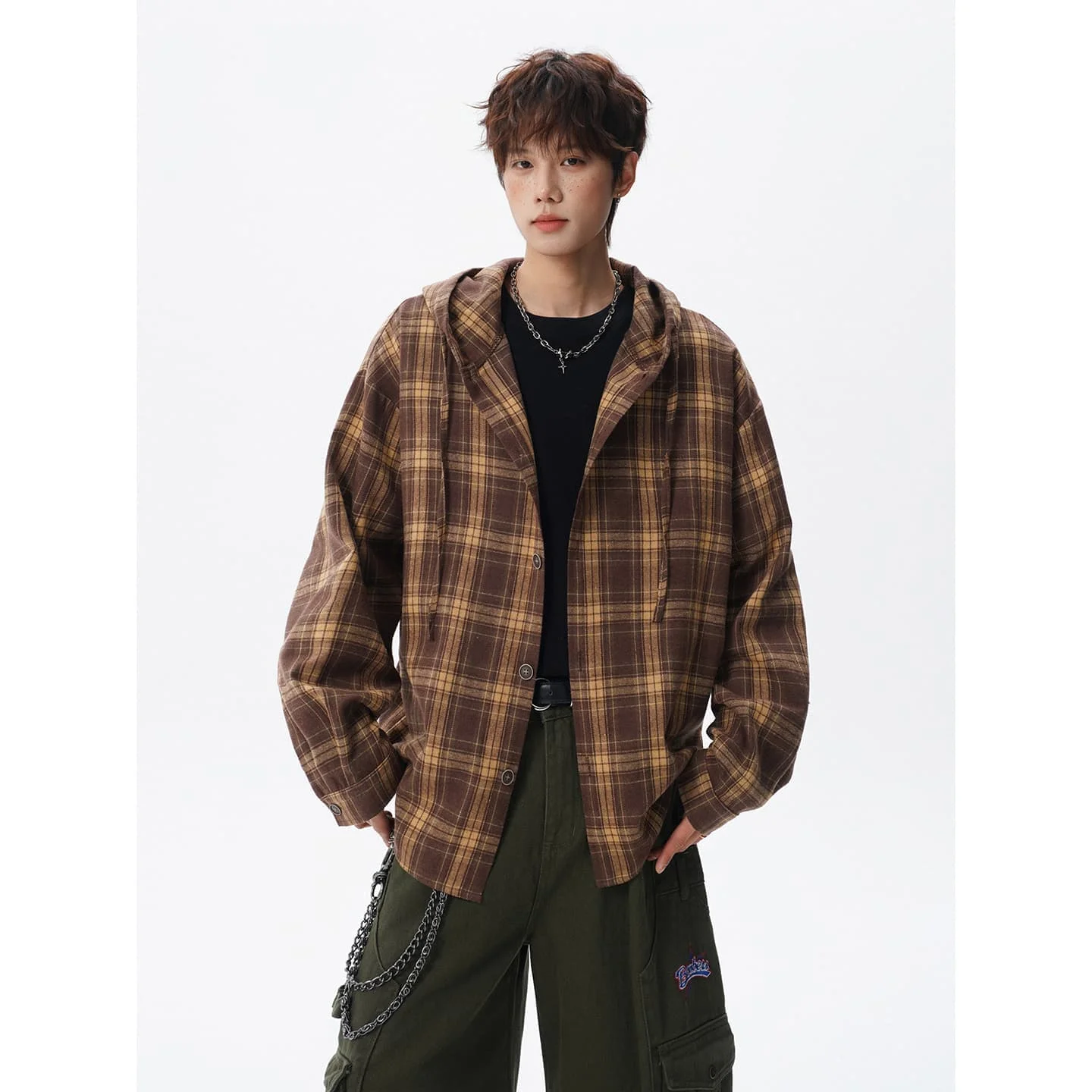 

Unisex Hooded Plaid Shirt, Oversized Soft Breathable Retro Casual Blouse, American Style Long Sleeve Lightweight Jacket