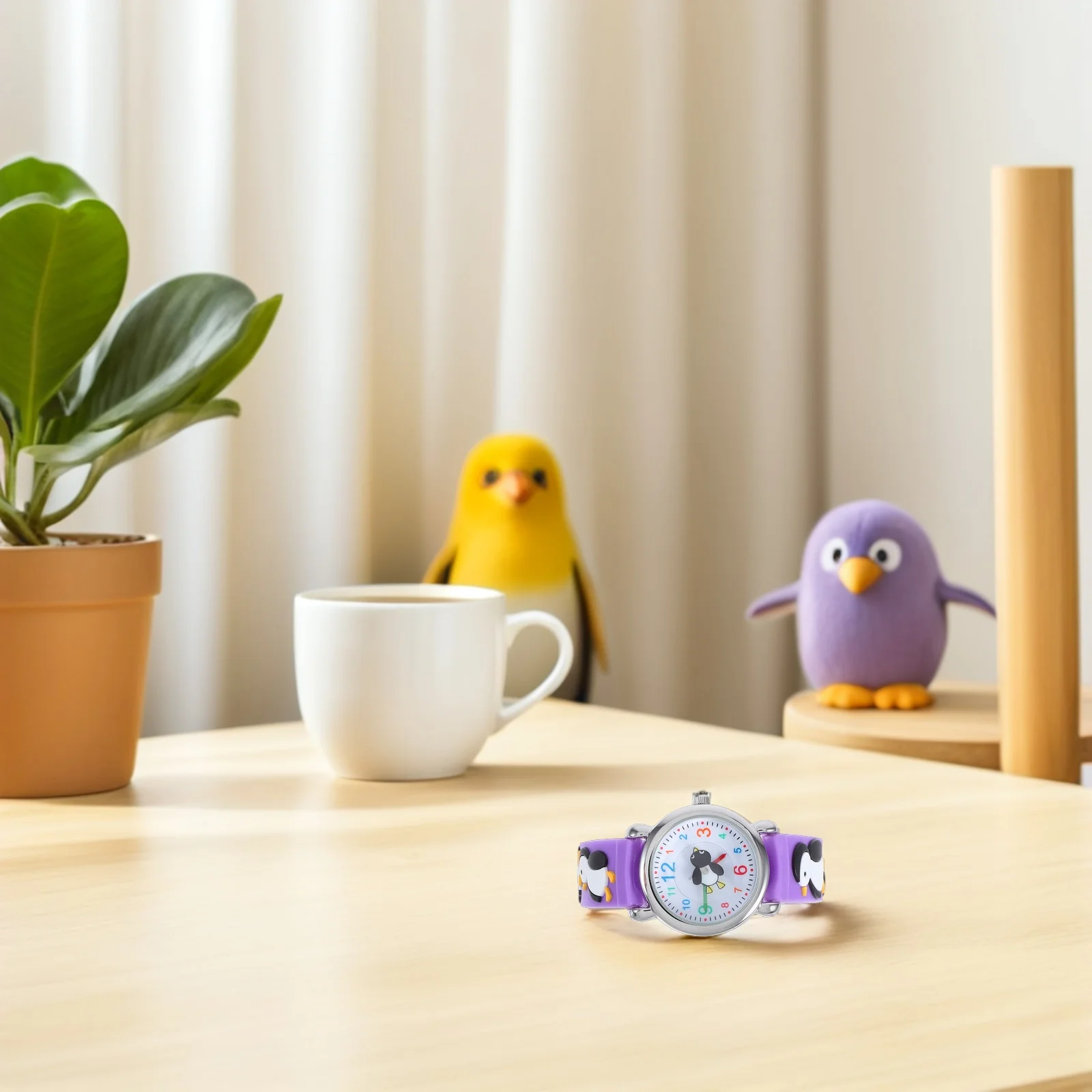 'S Penguin Watch Cute Cartoon Digital Waterproof Purple Dial Wristwatch For School Students