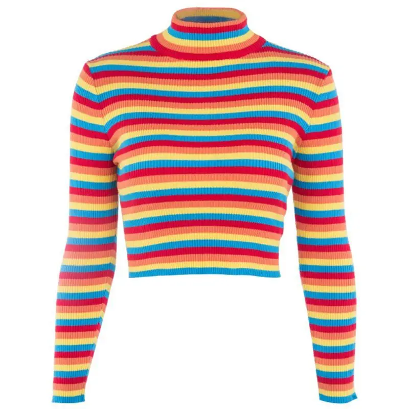 Womens Autumn Long Sleeve Turtleneck Sweater Colorful Rainbow Stripes Short Crop Dropship