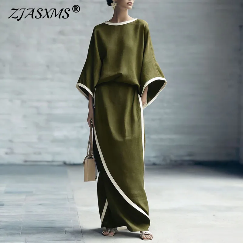 

Elegant Contrast Trim Loose Casual Outfits Woman Spring 3/4 Sleeve Round Neck Top Asymmetrical Maxi Skirt Sets Summer Boho Suits