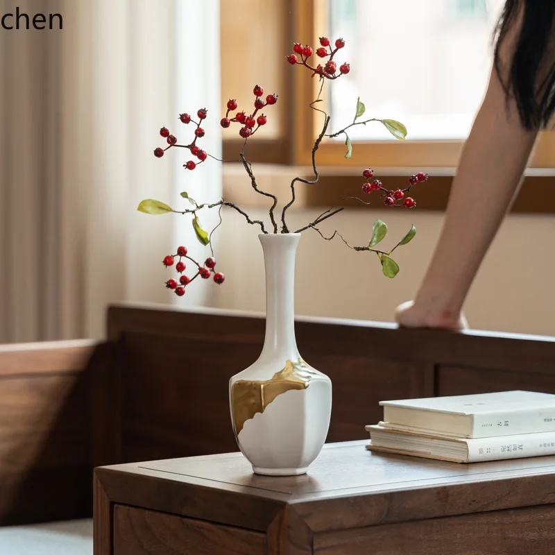 CZ Home Platinum Ceramic Vase Living Room Entrance Tea Room Antique Style Gilded Flower Arrangement Decorative Ornament
