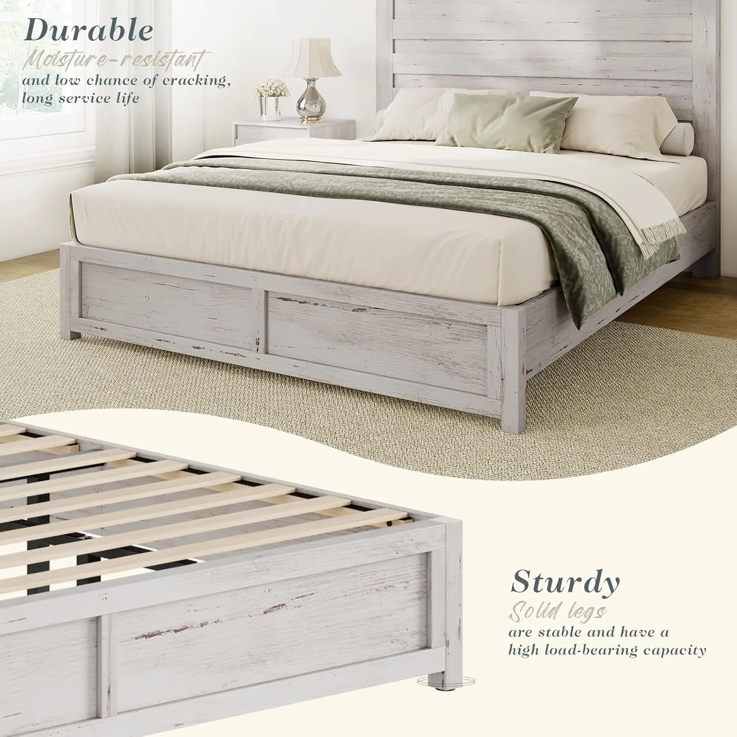 Farmhouse Bed Frame Com Cabeceira, 49 "Cabeceira, Plataforma, Suporte De Madeira Slats, Nenhuma Caixa De Mola Necessária, Fácil Montagem