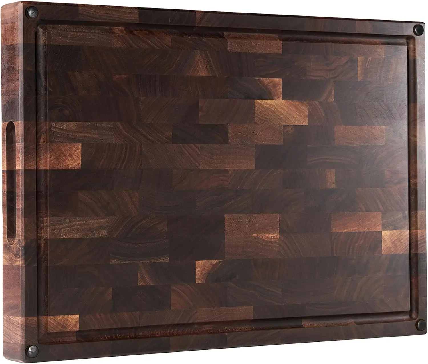 

Dark Walnut Wood Cutting Board 17x12x1.6 Inch with Juice Groove, Handles, Gift Box and End Grain Finish