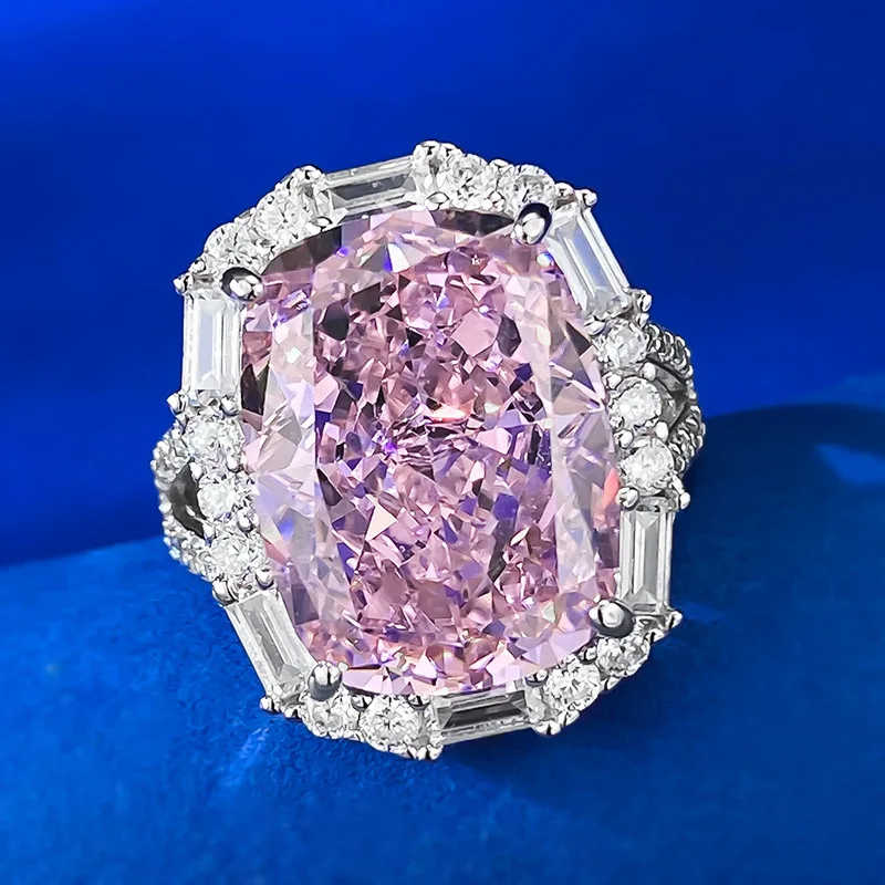 High end diamond 12 * 16 wedding ring High carbon diamond pink diamond ice flower cut G color s925 silver ring for women