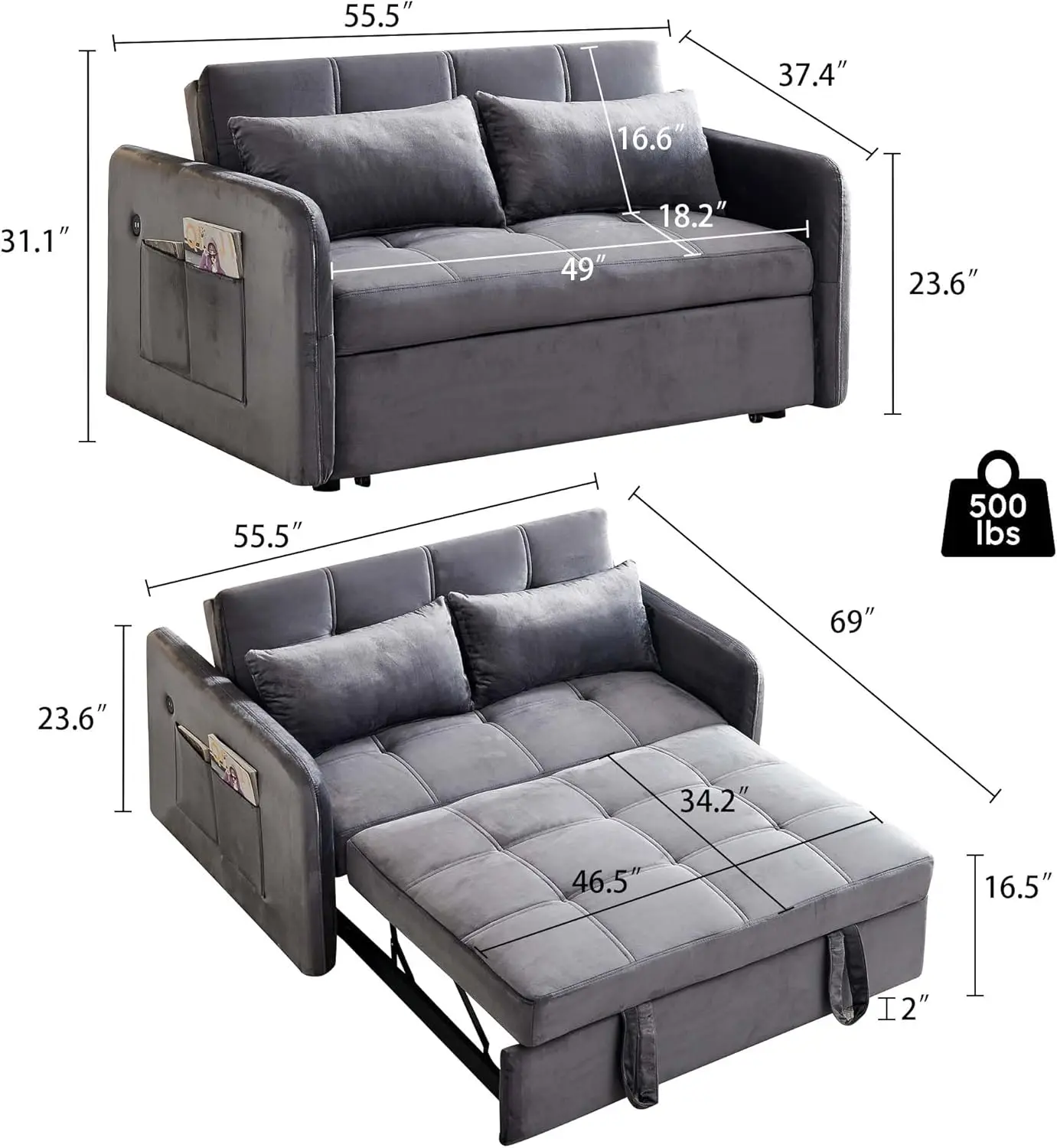 Pull Out Couch with USB Ports 55.6'' Sleeper Sofa Bed w/ Adjustable, Reclining Backrest, Storage Pockets, Velvet Modern Loveseat