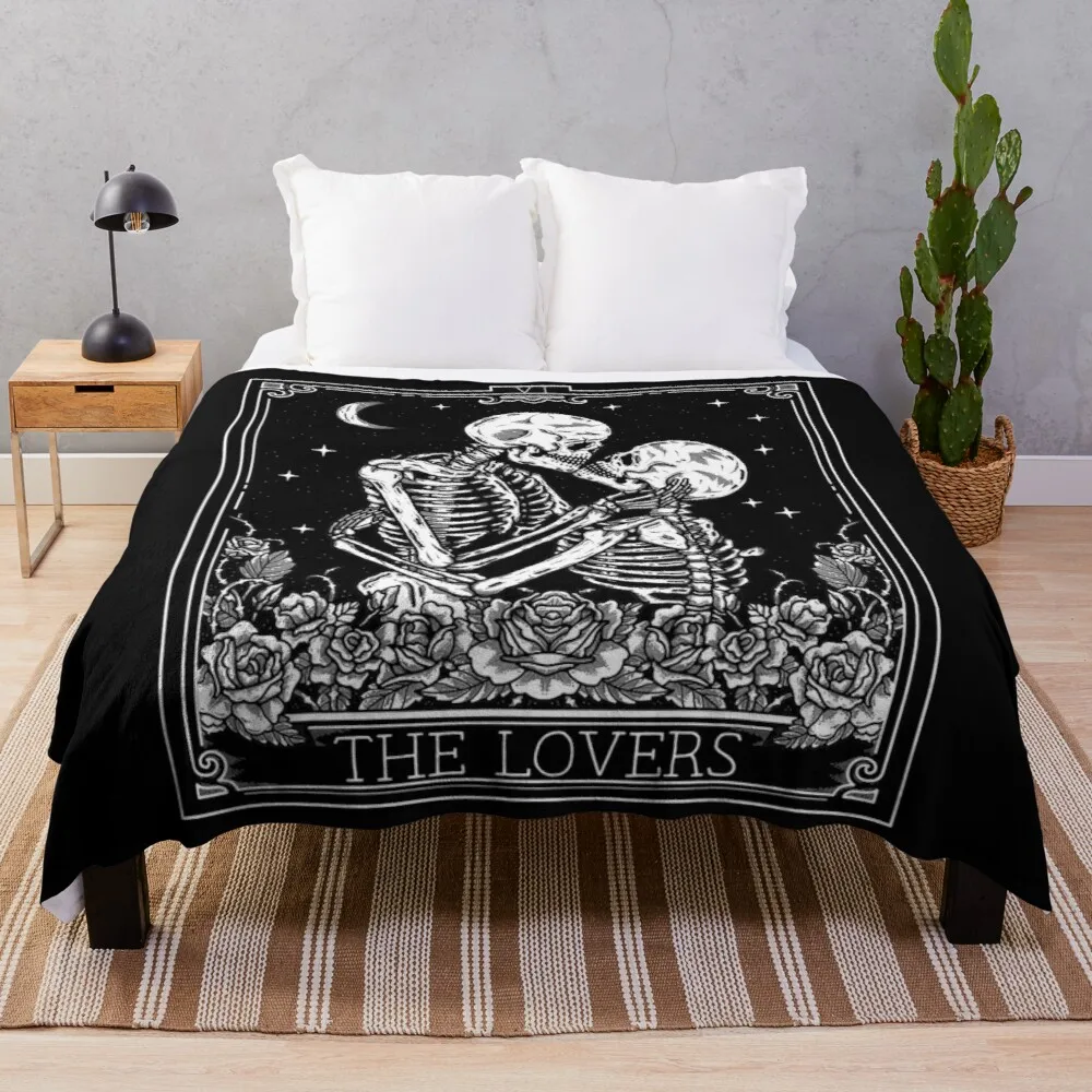 

The Lovers Vintage Tarot Card Astrology Skull Horror Occult Throw Blanket Blanket For Travel Light Beautiful Blankets