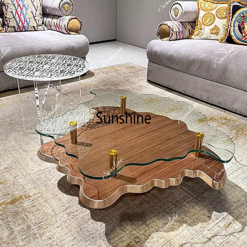 

Italian light luxury modern tempered glass marble special-shaped transparent wood veneer tea table
