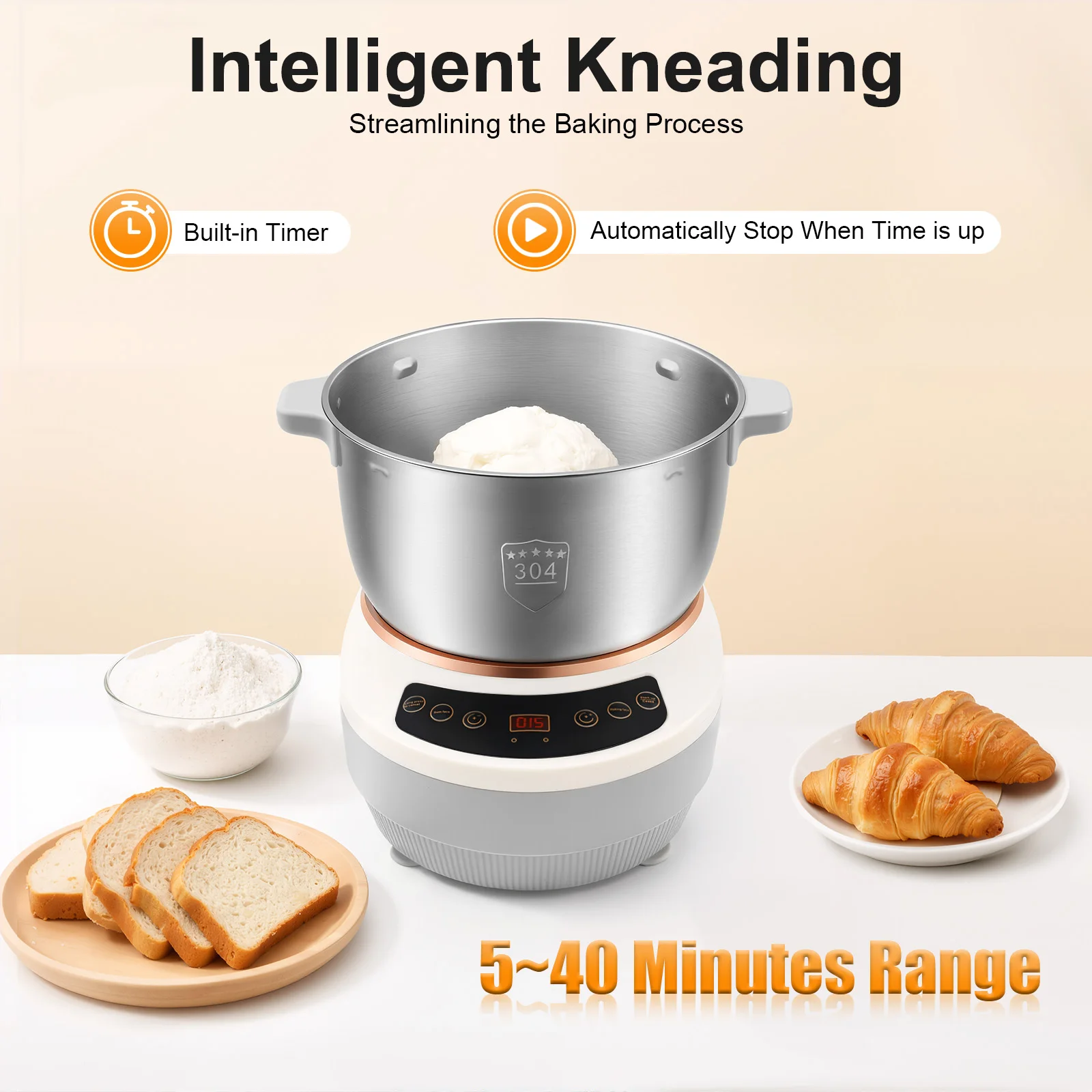 

Commercial/Home Automatic Dough Maker Non-Slip Silicone Suction Cups Overheating Protection 3.44Ft Power Cord