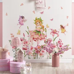 Cartoon Flower Fairy Girl Plant Flower Butterfly Wall Stickers Living Room Girl Bedroom Background Decorative Wall Stickers