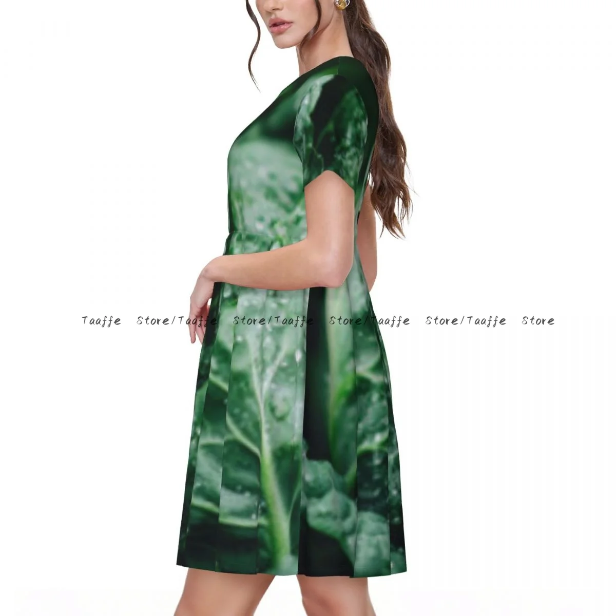 Women Dress Fresh Cabbage With Water Droplets Pattern Summer Elegant O Neck Short Sleeve Female Casual Loose Long Dress