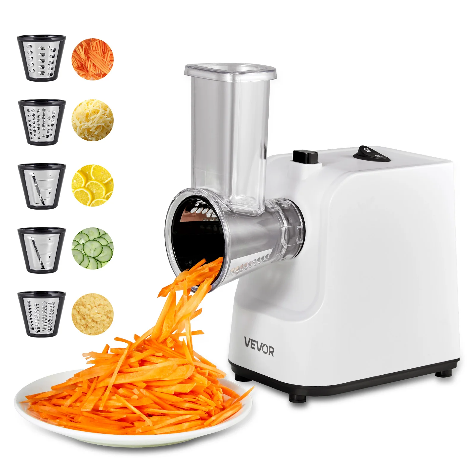 SucceBuy Grattugia Elettrica per Formaggio e Insalata 200W, Tritatutto Elettrico per Verdure e Frutta con 5 Accessori