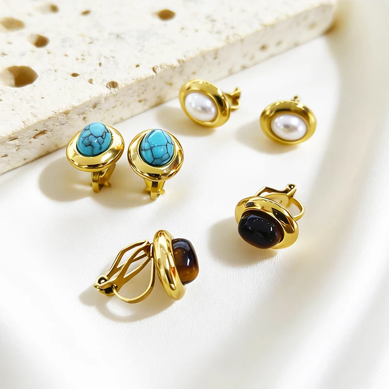 Vintage Ovale Perlen Naturstein Edelstahl Ohrclips 18K Vergoldet Einfache Wasserfeste Nicht-Durchstochene Ohrringe Schmuck