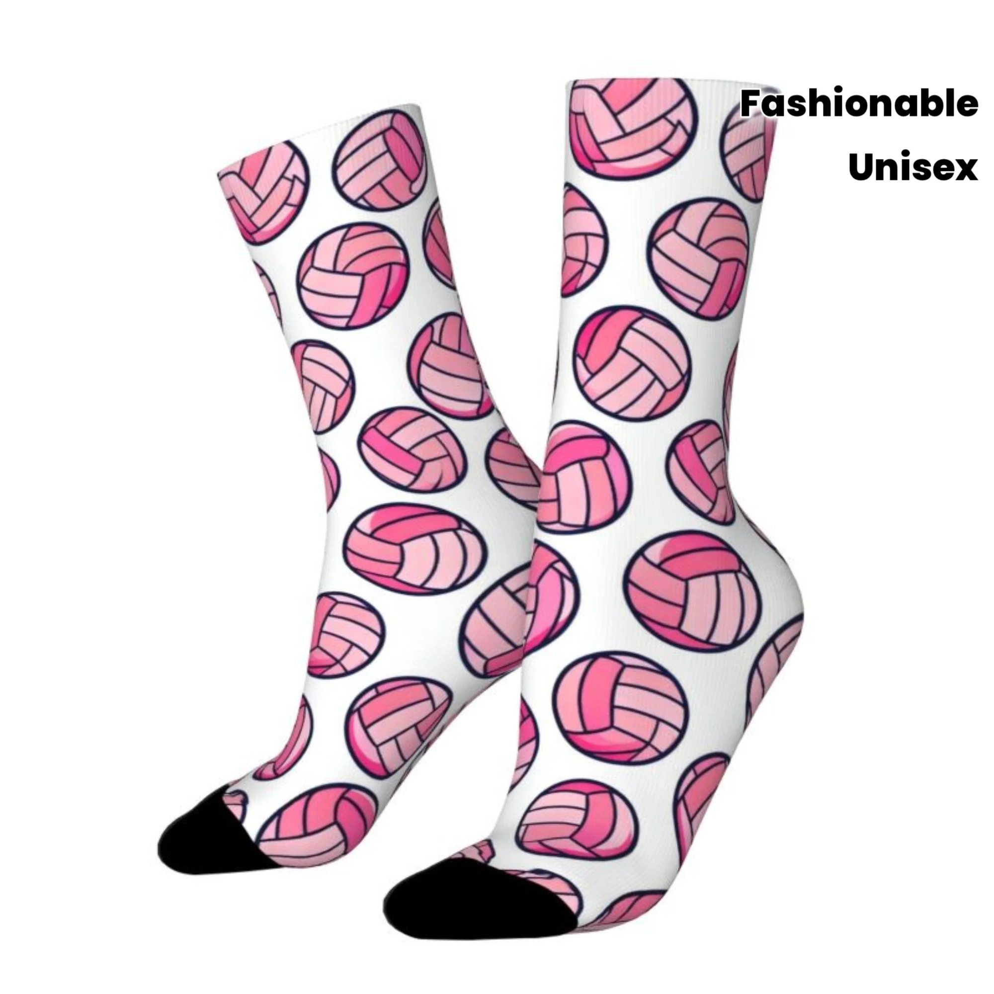 A Pair of Unisex Outdoor Socks Featuring a Lively Pink Volleyball Pattern Designed for Comfort And Breathability