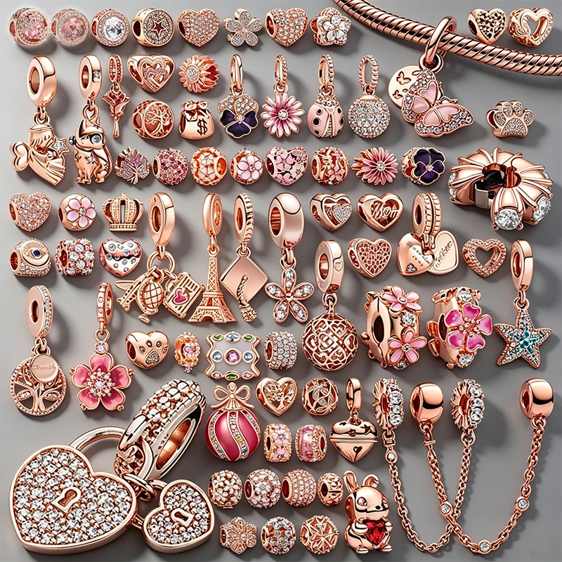 NOUVEAU Breloques plaquées or rose pour bracelet, fabrication de bijoux DIY, pendentifs cœur, fleur, tour Eiffel, papillon, perles CZ pour femme, cadeau