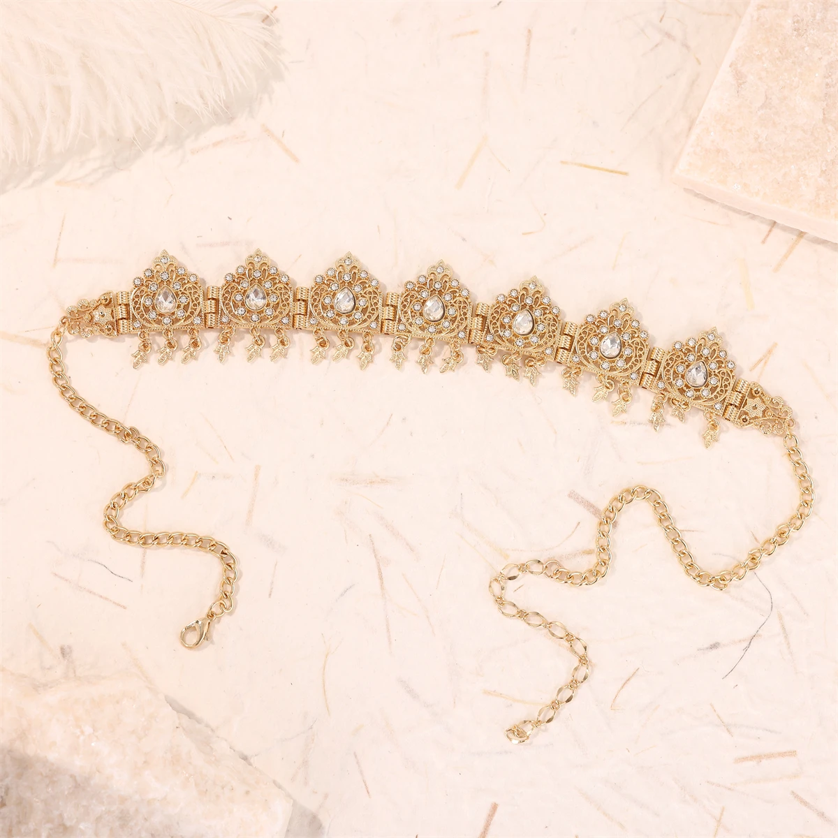 Golden Color Moroccan Women Hair Jewelry Hair Chain Forehead Chain Arabic Bride Wedding Jewelry Elegant Crystal Metal Headbands