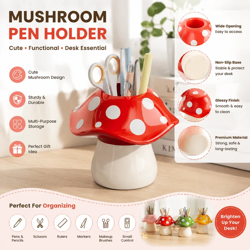 Cute Mushroom Makeup Brush Holder Desktop Stationery Organizer Creative Pen Storage Container For Office Home Vanity Decor Gift