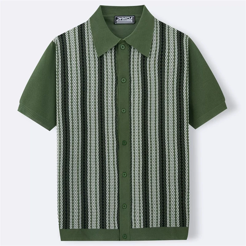 Plus Size Loose Knitted Polo Shirts Men Jacquard Striped Elastic Summer Quality Viscose Silky Breathable Lapel Camisas De Hombre