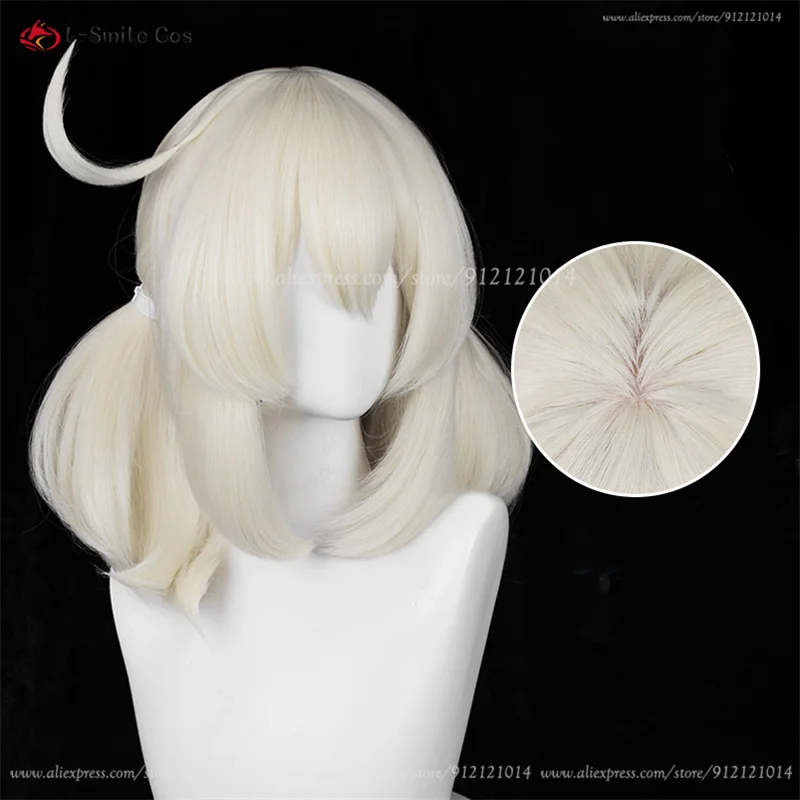 Wig Cosplay Klee kulit baru, Wig Cosplay 42cm, Wig putih susu pendek, rambut tahan panas, Wig peran Anime, topi Wig