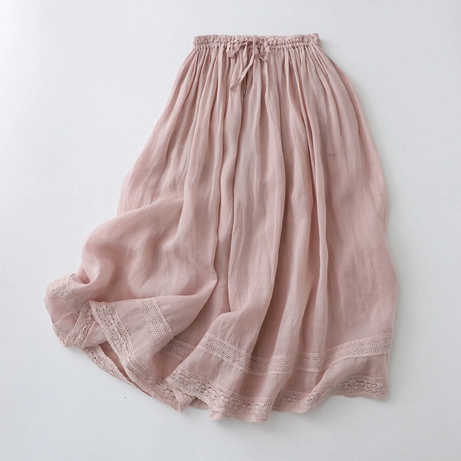 Summer Elegant Gentle Pink Cotton Linen Skirts Women Leisure Style Loose Lace Patckwork Hem A-line Mid-length Beach Skrits