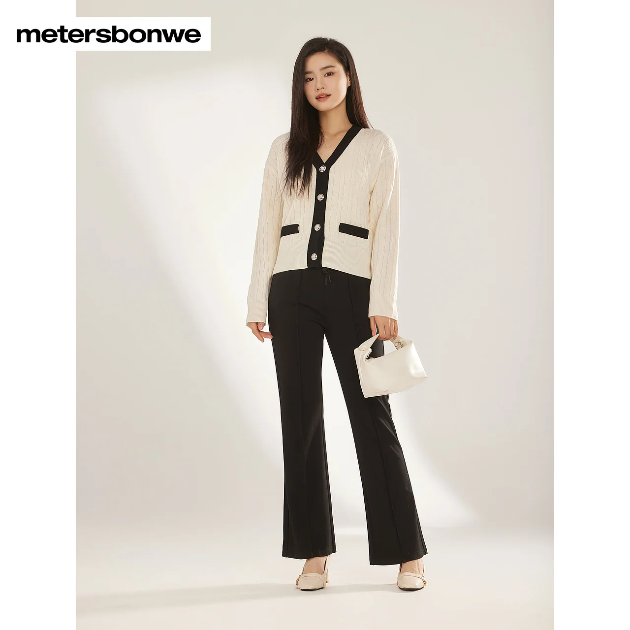 Metersbonwe-New Women\'s Knit V-Neck Cardigan Color Clash Short Sweater Commuter Office Lady Elegant Wear Autumn Winter