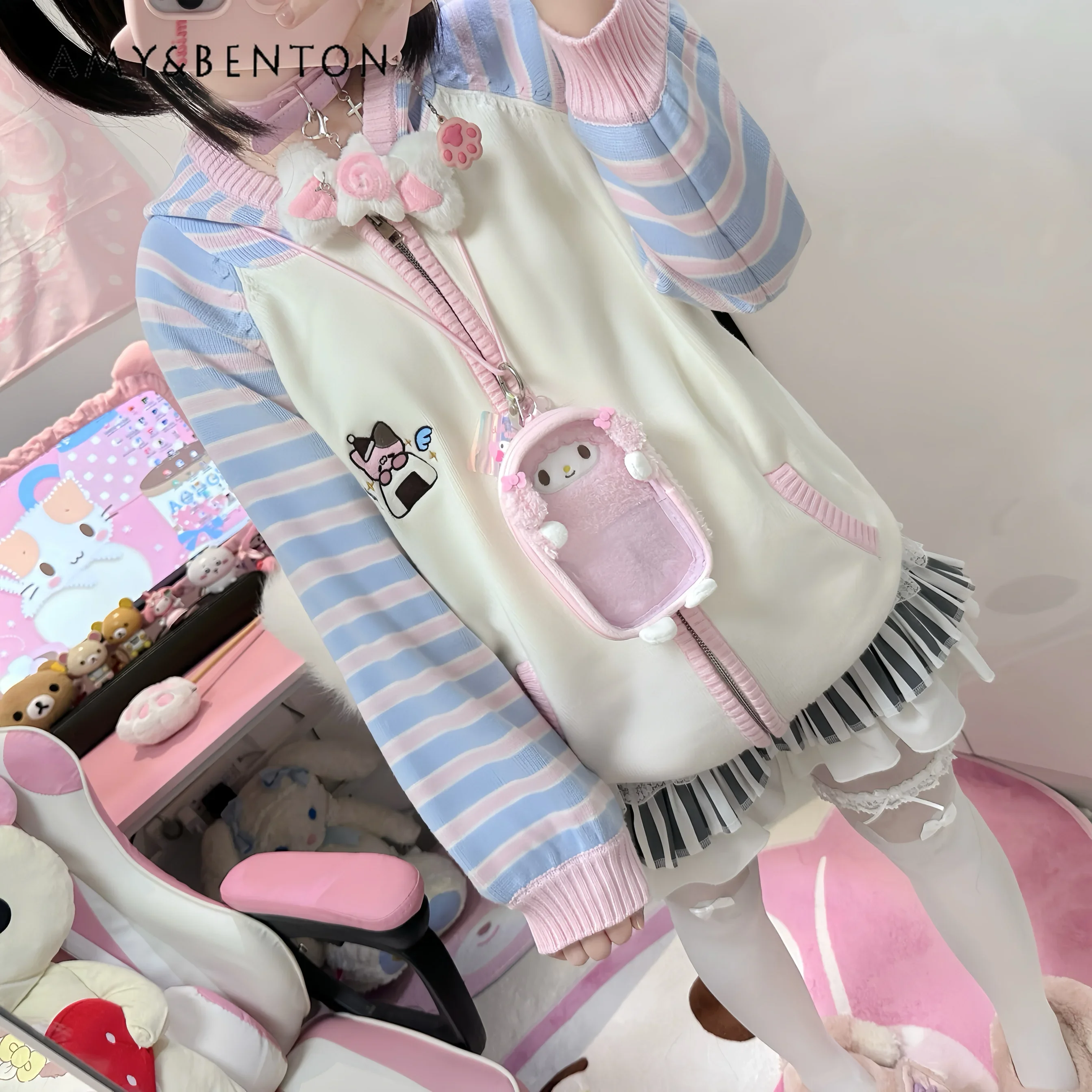 Japanese Cute Cartoon Embroidered Hooded Knitted Cardigan Women Autumn Winter New Sweet Kawaii Striped Zipper Oversized Cardigan