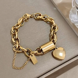 DODOHAO Chunky Double Thick Chain Stainless Steel Bracelets for Women Punk Gold Color Heart Love Buckle Pendant Wrist Jewelry