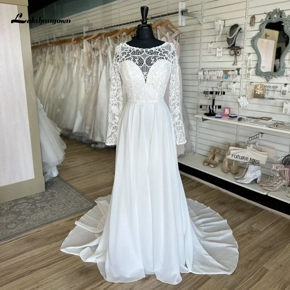

2025 Boho V Neck Lace Long Sleeves Sexy Open Back Chiffon A Line Wedding Dress Custom For Women Beach Bridal Gowns vestidos de n