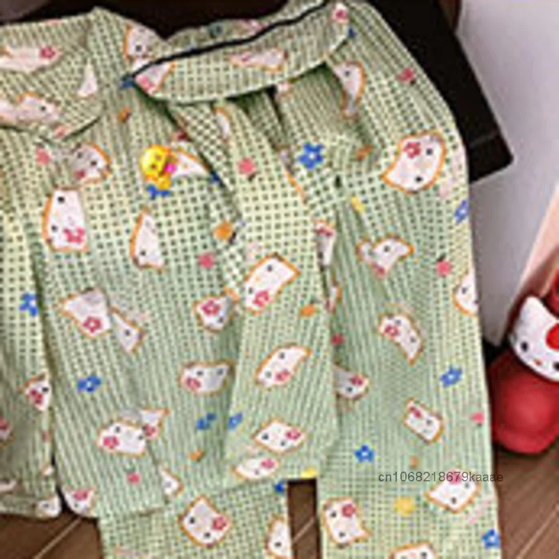 Sanrio Hello Kitty Cute Cartoon Checkered Sleepwear Japanese Style Harajuku Fashion Pajamas Women Spring Autumn New Home Clothes