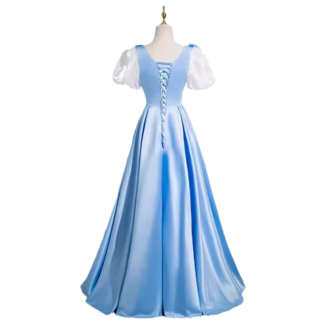 Blue Satin Short Sleeves Evening Dress with Pearls Long Square Collar Party Gown A-Line Lace Up Back abendkleid 2024