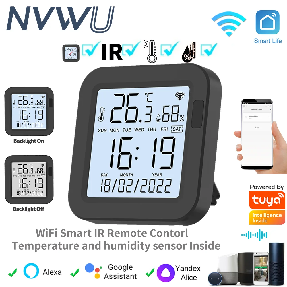Tuya Smart WiFi Universal IR مستشعر درجة الحرارة والرطوبة عن بعد لمكيف الهواء TV AC يعمل مع Alexa وGoogle Home Yandex