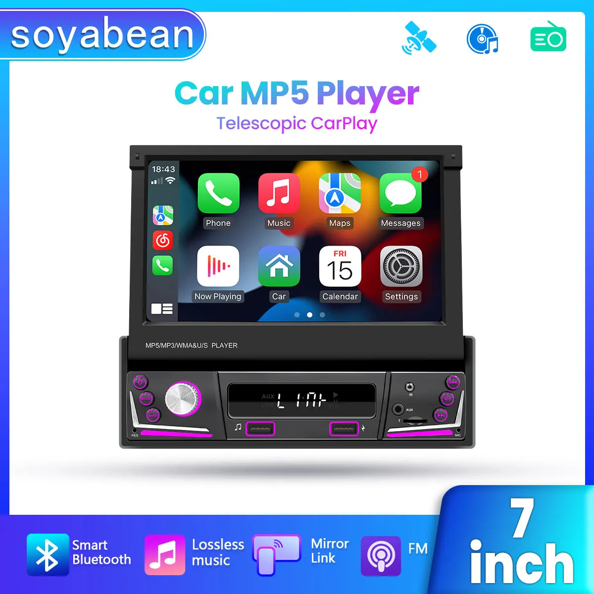 

1Din Car Radio Multimedia MP5 Player, 7 inch Universal Navigation with Android Auto & Bluetooth, HD Screen USB TF FM Stereo