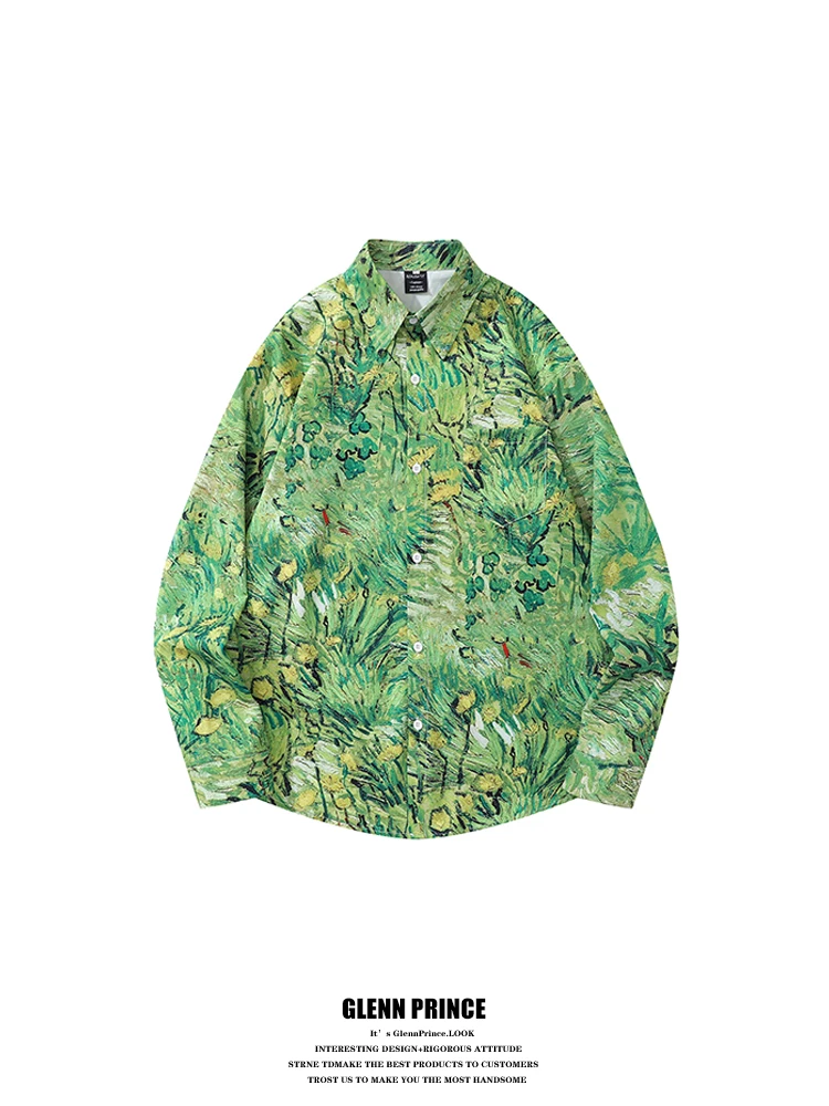 

Мужская рубашка с длинным рукавом GPstudio в стиле ретро с принтом «Погоня за дикой гусиной» (масляная живопись), осенняя, модная, свободного кроя